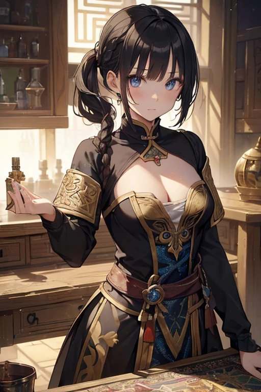 (Fantasy:1.5),(anime,8k,masterpiece, highest quality, highest quality,beautifully、aesthetic:1.2,Professional illustrations:1.1,Super detailed:1.3,Perfect lighting),Very detailed,Most detailed,Incredibly absurd , High resolution, Super detaileded,complicated:1.6,(Alchemy Workshop:1.4),A girl mixing,Many small bottles of medicine,Holds a small potion,colorful:1.4,Zentangle,(1girl),(girl),(Female warriors of the Three Kingdoms),(Very exquisite beautiful face and eyes,Firm breasts),Oily skin,((black,hair,short bob with short pony tail hair)),thin pubic hair,cute,Lovely,Age 34,Alchemist's costume,Merchant's clothing,smile,In the kitchen,smile,Seductive Weakness々しいsmile,(with sparkling eyes and a contagious smile),Open your mouth, View Viewer,