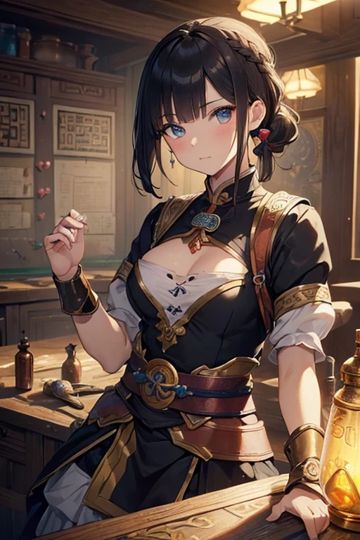 (Fantasy:1.5),(anime,8k,masterpiece, highest quality, highest quality,beautifully、aesthetic:1.2,Professional illustrations:1.1,Super detailed:1.3,Perfect lighting),Very detailed,Most detailed,Incredibly absurd , High resolution, Super detaileded,complicated:1.6,(Alchemy Workshop:1.4),A girl mixing,Many small bottles of medicine,Holds a small potion,colorful:1.4,Zentangle,(1girl),(girl),(Female warriors of the Three Kingdoms),(Very exquisite beautiful face and eyes,Firm breasts),Oily skin,((black,hair,short bob with short pony tail hair)),thin pubic hair,cute,Lovely,Age 34,Alchemist's costume,Merchant&#39;s clothing,smile,In the kitchen,smile,Seductive Weakness々しいsmile,(with sparkling eyes and a contagious smile),Open your mouth, View Viewer,