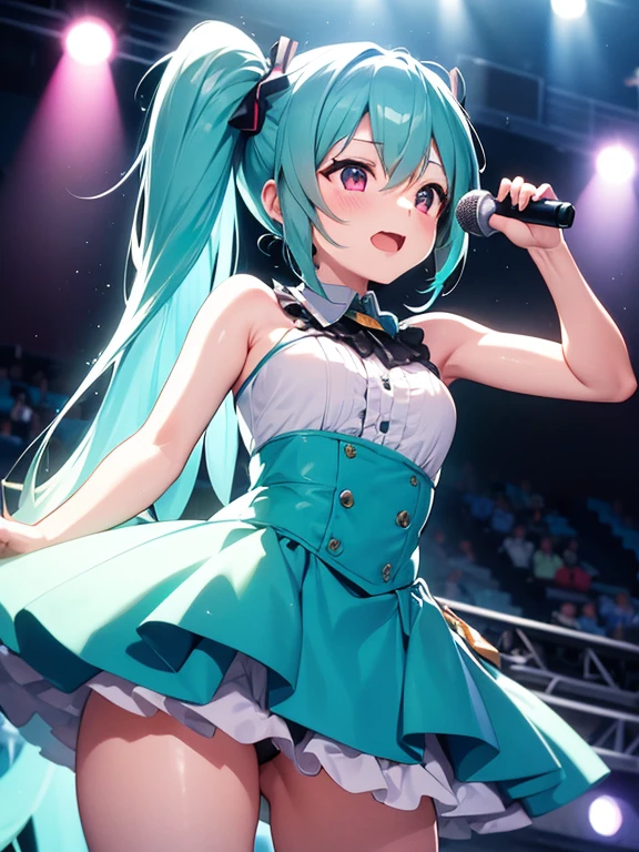 (mejor calidad, luces vibrantes), Miku sings in front of the microphone on stage with passionate fans. Ella esta vestida con un hermoso vestido, que resalta su elegancia. The stage is illuminated with bright lights., creating a lively and energetic environment. The stage is filled with emotion and expectation., cuando Miku cautiva a sus fans con su poderoso juego. Dynamic lighting and colorful effects add depth and visual impact to the scene.. Miku's music resonates in the air., filling the entire room with her charming voice. The audience applauds and sings, Creating a wave of joy and unity.. The staging is thought out down to the smallest detail.., Con equipos de sonido profesionales y fondos impresionantes., lo que complementa la presencia de Miku. Los colores son vibrantes, demonstrating the energy and liveliness of the performance.. Lighting effects add a touch of drama and emphasize emotions., in miku's music. When Miku is the center of attention, Your passion and talent shine, Make a lasting impression on everyone present..