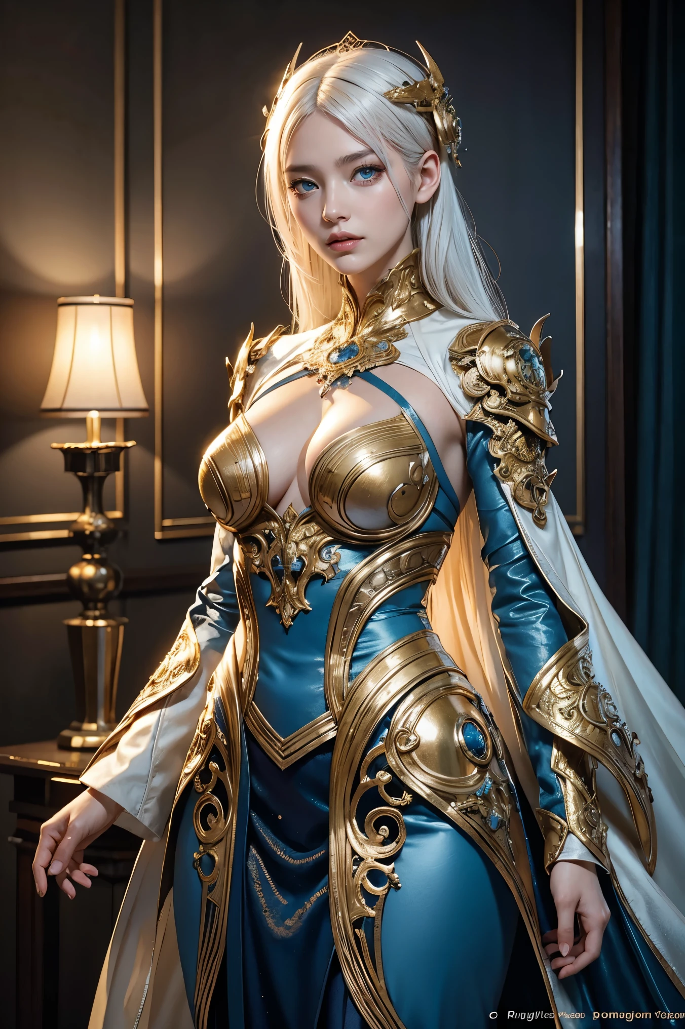 surreal photography of a stunningly beautiful cyborg female, white hair, blue eyes, embraced, delicate gold filigree, intricate detailed, glowing, in the style of beth cavener, jin kagetsu, and wlop, highly detailed, intricate filigree, chrome face symmetry, masterpiece, award - winning, sharp focus, concept art, high key, ambient lighting, 8 k, octane render