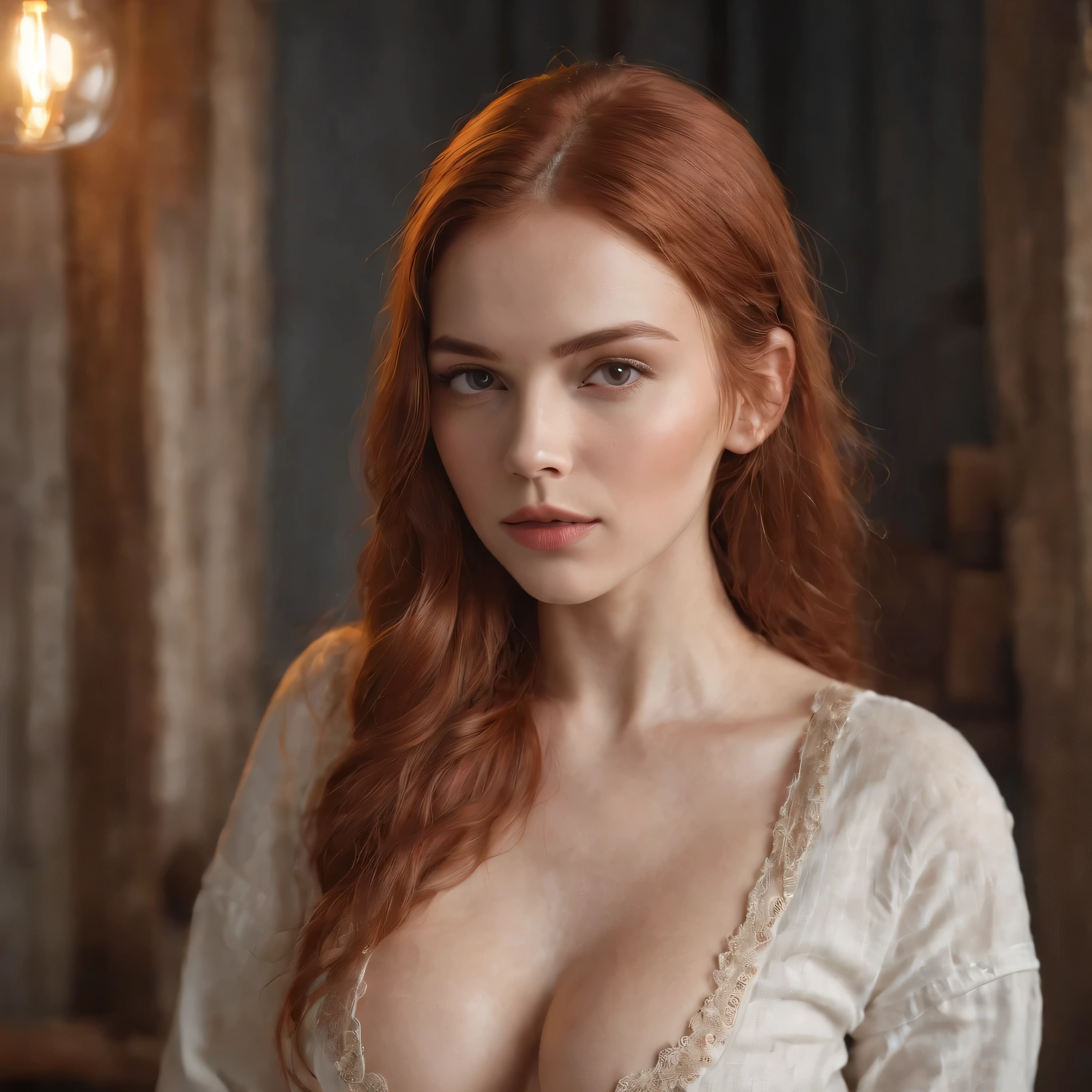 NSFW, nordic young woman, cute face, seductive, best quality, masterpiece, torn up pair of coveralls, exposed breasts and ass, golden hour, detailed textures, long braded hair, sitting on bed, posing, sexual pose, wooden cottage, interior, [blush], aesthetic, intricate, caustics, light rays, sunlight, (((soft lips))), (((glossy lips))), highly detailed, (realistic:1.2), niloudef, red hair