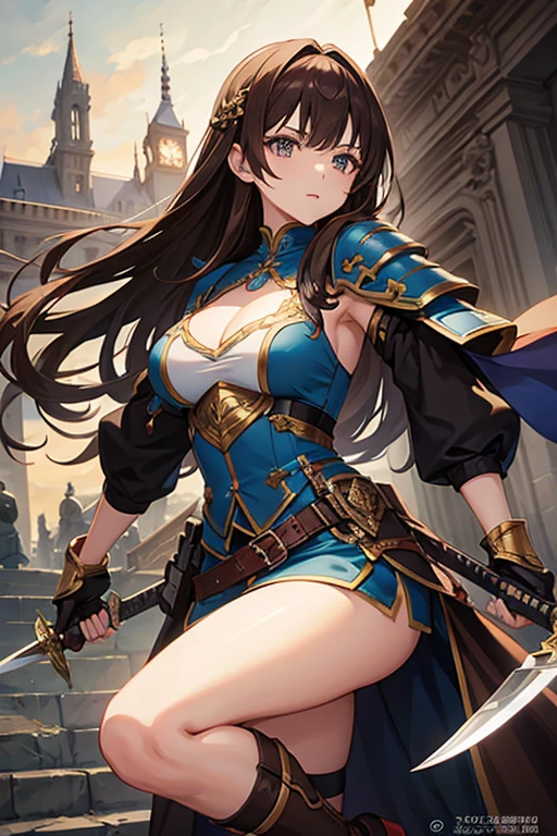 masterpiece, highest quality, High resolution，Anime Style、Brown Hair、Long Hair、Female Warrior、knife、armor