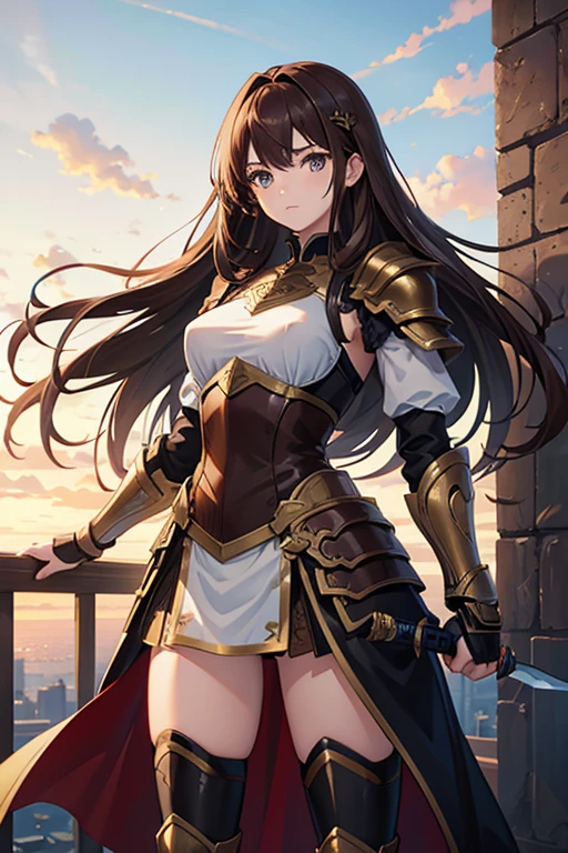 masterpiece, highest quality, High resolution，Anime Style、Brown Hair、Long Hair、Female Warrior、knife、armor