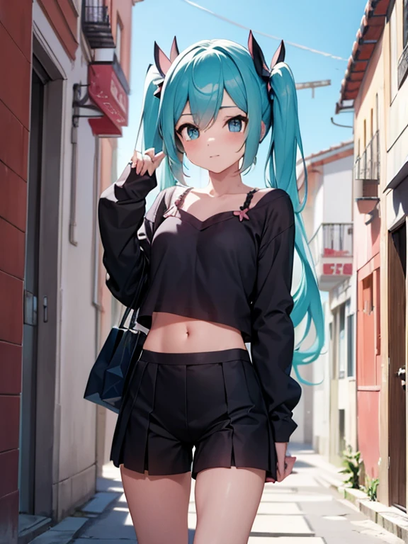 1 chica,solo,de pie,Pechos grandes, escote, 
shorts de mezclilla, camisa colorida con hombros descubiertos, ombligo, calzas con ribetes de encaje, brazos a los costados, sonrisa ligera, Hatsune Miku, vista de cuerpo completo, en una calle de la ciudad moderna, Bolsa de compras en mano