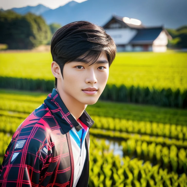 Close-up of a young man standing in a rice field, Jinyoung Shin, Handsome Chad Chin, Thawan Duchanee, Japanese Farmer, Yanjun Chengt, Hyungtae, Kim Doyoung, Inspiration from Zhang Han, Ryan Jia, Niwan Chandra, Ruean Jia is very beautiful.!, Xiao Ron, Shin Jongho, Bo Chen black and red silk clothes, Sporty,a close up of a woman in a red shirt and black shorts, Wear a volleyball shirt., Red dress, Sporty, Cute sportswear, red and black, sexy outfit, Japanese model, Professional sports style, irelia, Black and Red only, red sports clothes, wearing shorts, red shirt, handsome style,Malaysian