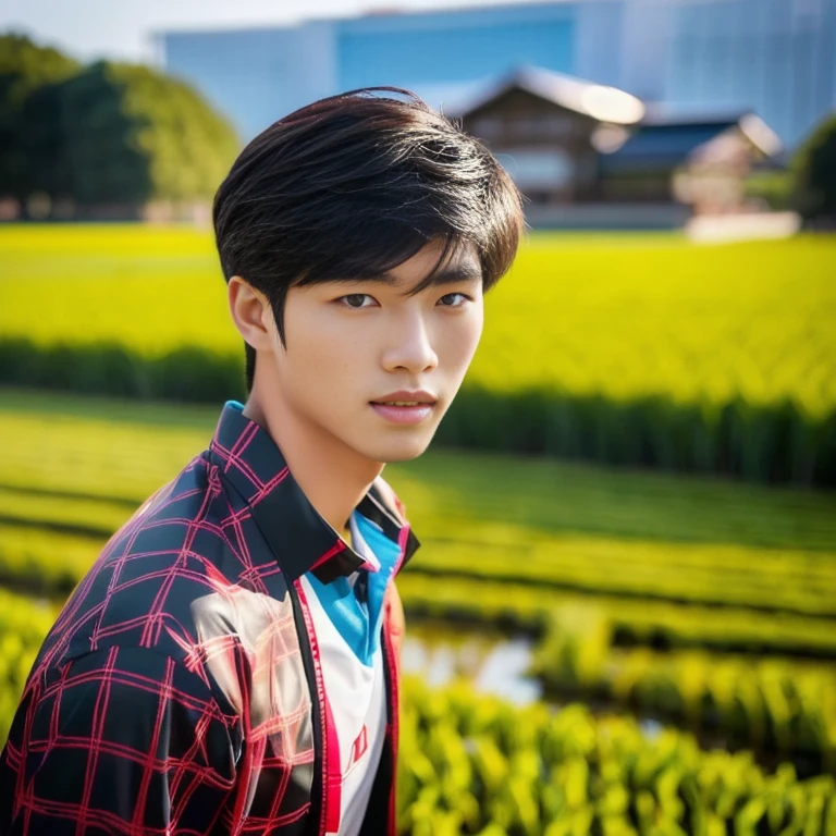 Close-up of a young man standing in a rice field, Jinyoung Shin, Handsome Chad Chin, Thawan Duchanee, Japanese Farmer, Yanjun Chengt, Hyungtae, Kim Doyoung, Inspiration from Zhang Han, Ryan Jia, Niwan Chandra, Ruean Jia is very beautiful.!, Xiao Ron, Shin Jongho, Bo Chen black and red silk clothes, Sporty,a close up of a woman in a red shirt and black shorts, Wear a volleyball shirt.,  Red dress, Sporty, Cute sportswear, red and black, sexy outfit, Japanese model, Professional sports style, irelia, Black and Red only, red sports clothes, wearing shorts, red shirt, handsome style,Malaysian