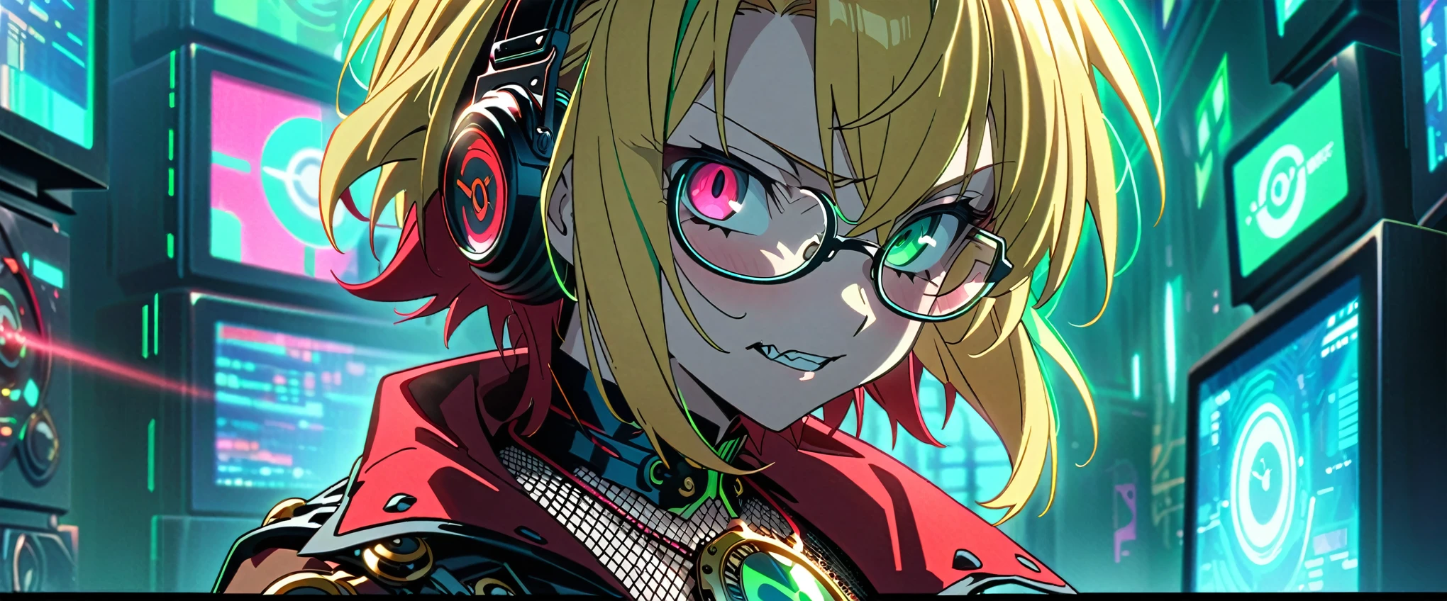 ((masterpiece,Highest quality)),((Androgynous anime boy with red and blonde mesh hair wearing glasses and a steampunk-style outfit)),((Evil Laugh)), ((Blue and red heterochromia)),[ Digital Art ]!!, 2D Anime Style, !!Wear glasses!!,((Clock motif brooch,Clock themed necklace)),A sci-fi-style room surrounded by gears and computers,Focus on the upper body,anime,DonMCyb3rSp4c3XL