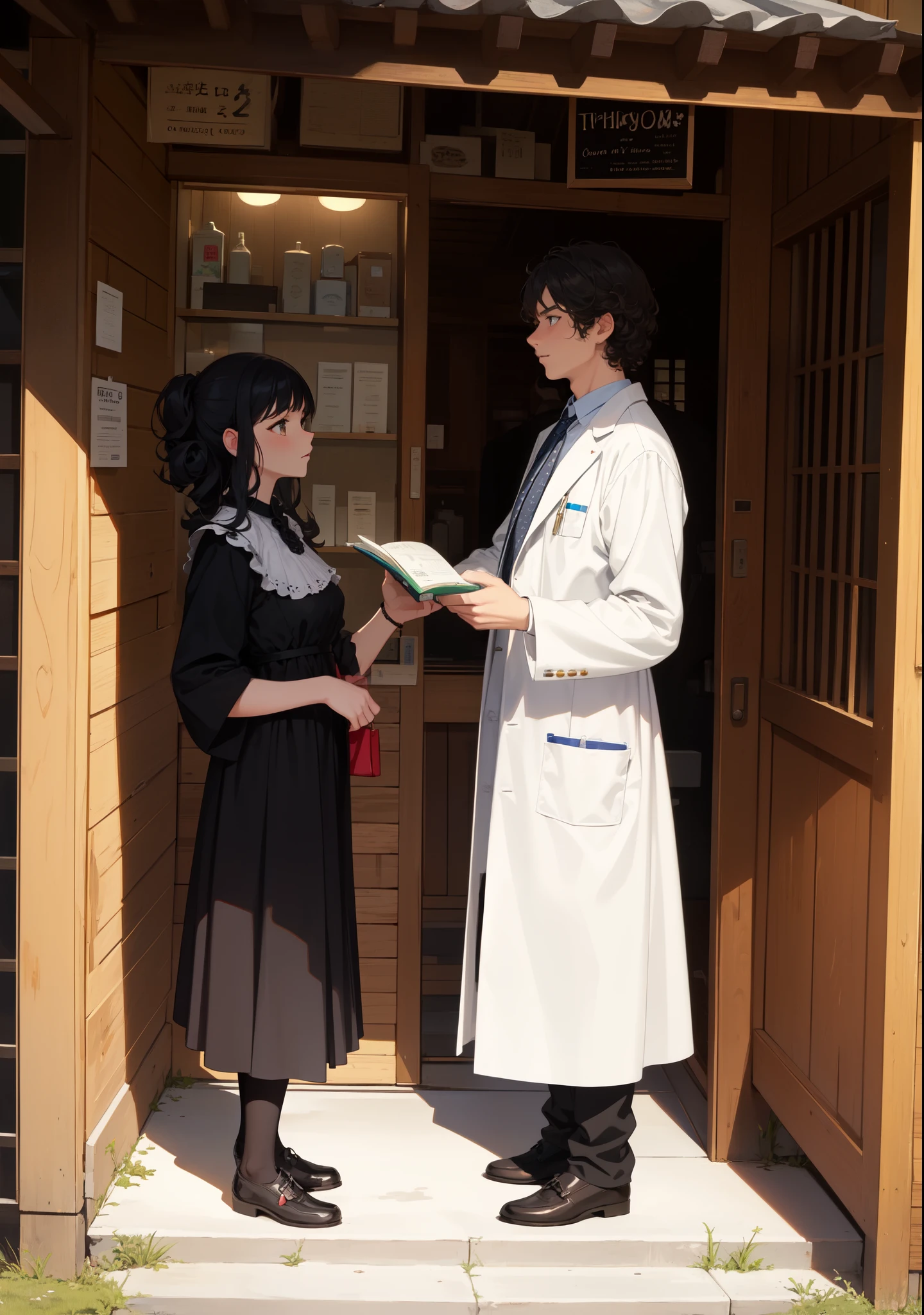 ((anime)), ((Young woman)), (masterpiece:1.2), Best quality, a high resolution, unity 8k wallpaper, (illustration:1.2), (very detailed face), (Perfect hands), (perfect anatomy), standing on the threshold of his house, talking to a beggar, emotion: contempt, (black hair), (curly hair), (Dress in Spanish style), (black dress with white polka dots), Simpleton, (side view), night, standing on a high wooden porch, ((old little pharmacist&#39;s shop))