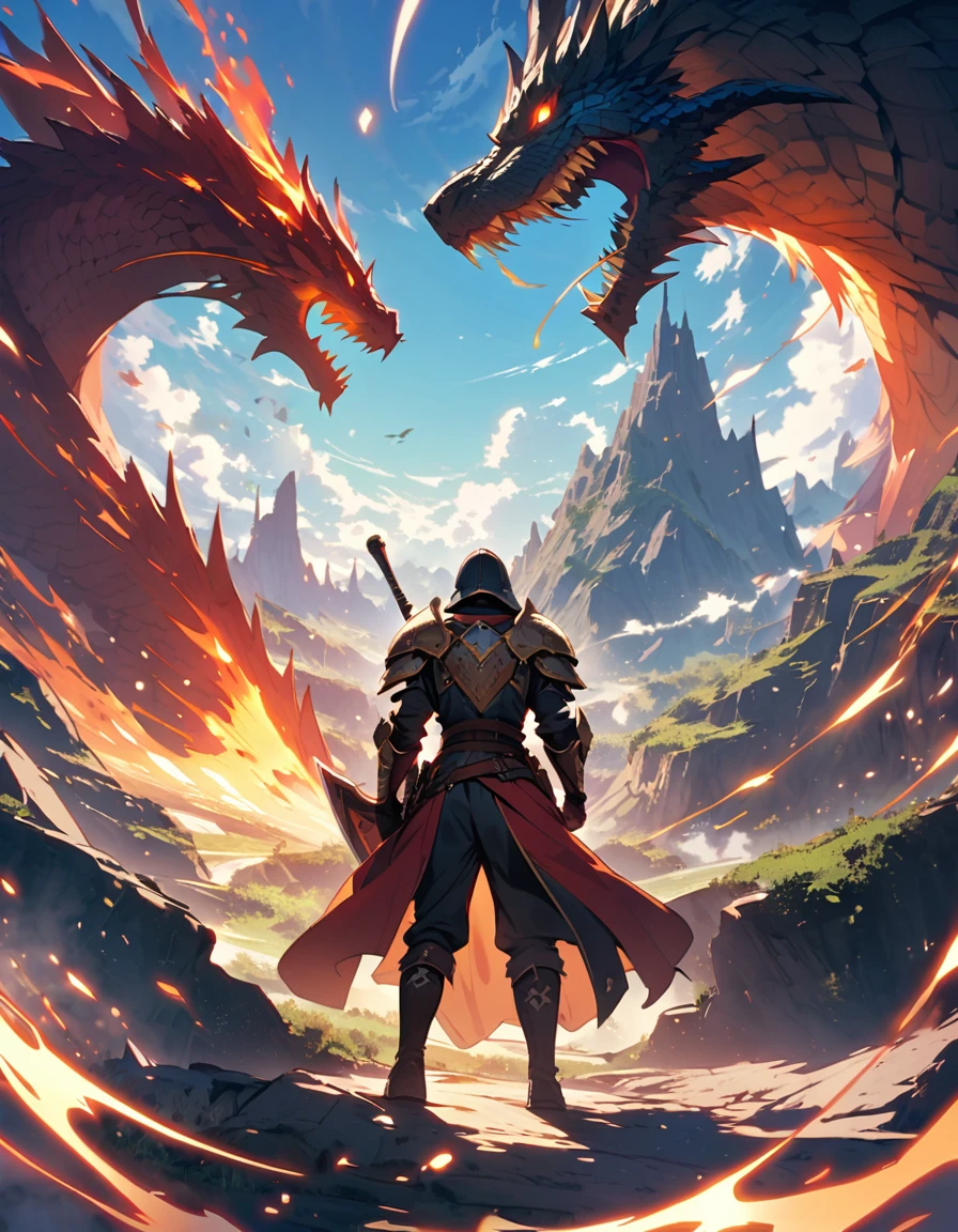 In the magnificent scenery of another world、The hero wears Western-style armor and helmet.、A fierce battle with a giant dragon unfolds。The hero holds up his shield、He is gripping his sword tightly。The dragon flies through the sky breathing fire.、Towering mountains in the background々And the clear blue sky spreads out。The fight scenes are full of tension.、The hero&#39;s strong determination is clearly conveyed.。