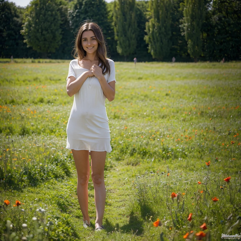 Sage old granny aged 65, light transparent short dress, standing, center of big field of poppies, arms along the body, long brown hair, cinematic atmosphere, feminine, natural, Perfect eyes, perfect hands, perfect teeth, pretty smile, smiling look, ultra-sharp, high resolution, imperfect skin, natural skin, wide angle shot, (1woman), WhiteWetWear