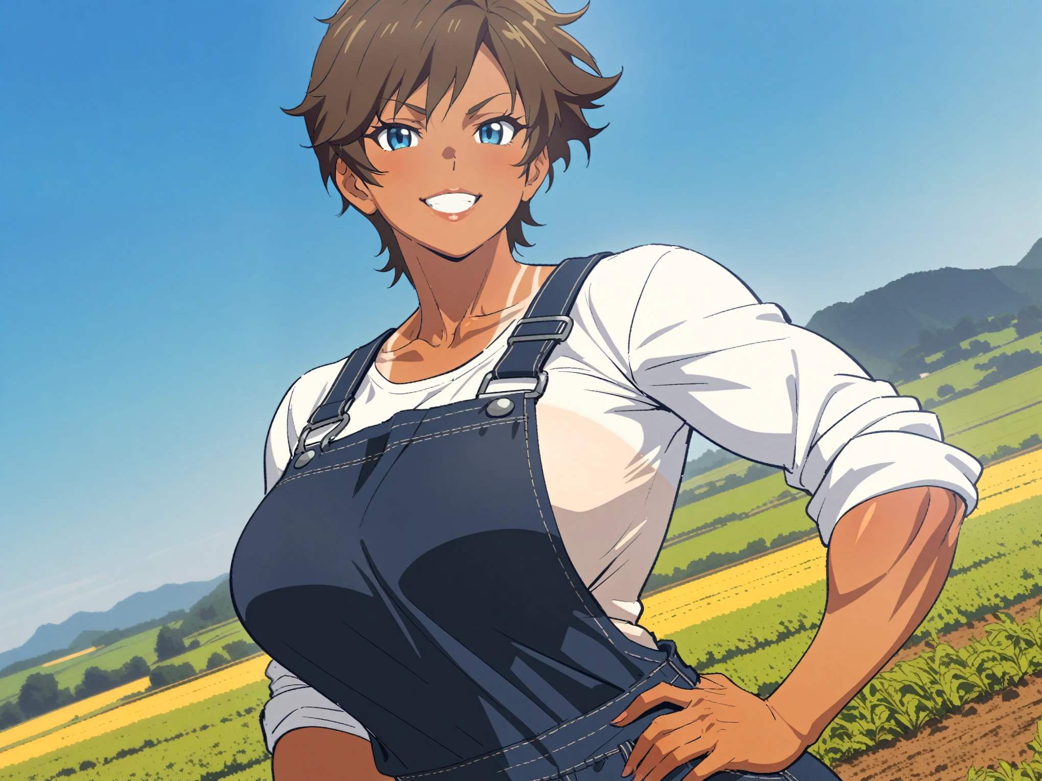 {{upper body, dutch angle}} {{Artist: sincos}} 1girl, solo, tomboy, mature female, muscular female, brown hair, short hair, blue eyes, tan, tanlines, lips, large breasts, white shirt, sleeves rolled up, blue overalls, smile, teeth, looking at viewer, holding trowel, hand on hip, clear sky, farm, crops, medieval fantasy.