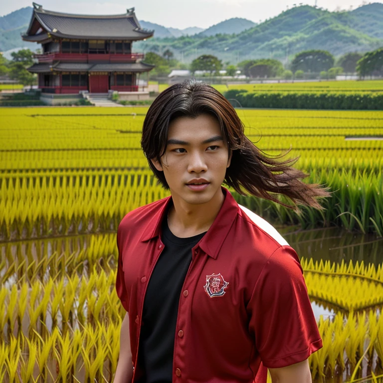 Close-up of a young man standing in a rice field, Jinyoung Shin, Handsome Chad Chin, Thawan Duchanee, Japanese Farmer, Yanjun Chengt, Hyungtae, Kim Doyoung, Inspiration from Zhang Han, Ryan Jia, Niwan Chandra, Ruean Jia is very beautiful.!, Xiao Ron, Shin Jongho, Bo Chen black and red silk clothes, Sporty,a close up of a woman in a red shirt and black shorts, Wear a volleyball shirt.,  Red dress, Sporty, Cute sportswear, red and black, sexy outfit, Japanese model, Professional sports style, irelia, Black and Red only, red sports clothes, wearing shorts, red shirt, handsome style,Malaysian