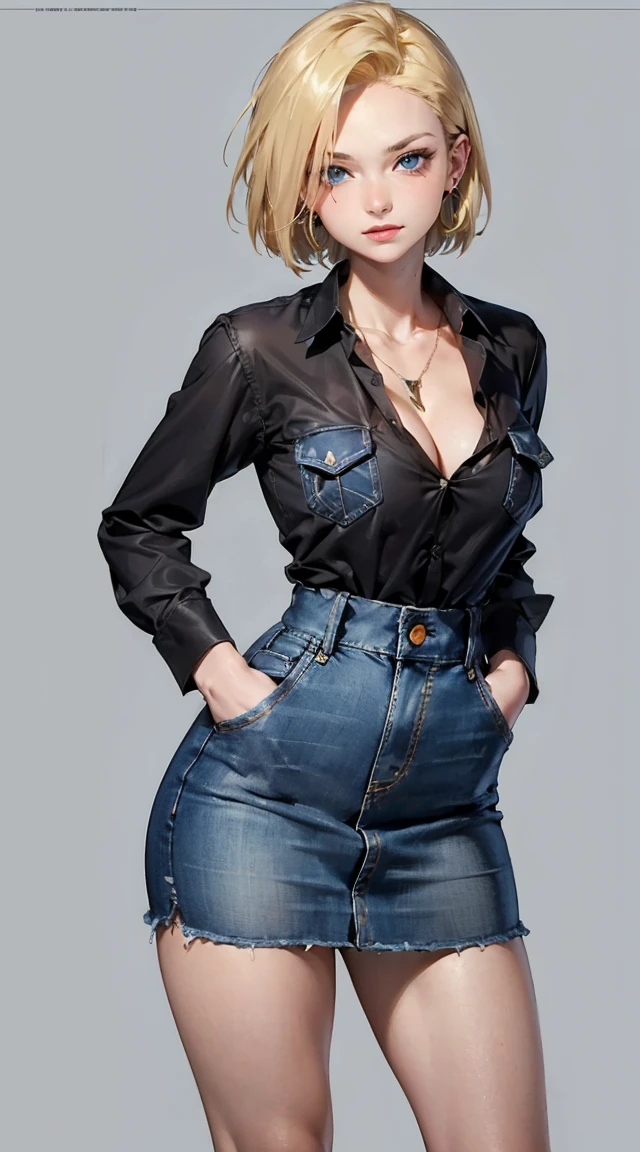 Android 18, Blonde hair, Blue eyes, eyeslashes, hoop earings, Short hair, earring
bring, black sock, Black shirt, breast pocket, cleavage, clavicle, Denim, Denim skirt, high waisted skirt, jewelry, Long sleeves, Pocket, shirt, shirt tucked in, Skirt, streaked, Striped sleeves, waistcoat,