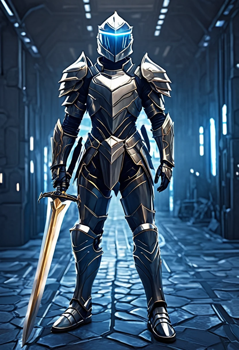 Young man in science fiction story set in a virtual world with armor and sword, imagen 
Tipo caricatura de anime
