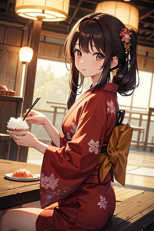 masterpiece, highest quality, High resolution，Anime Style、Brown Hair、Long Hair、yukata、firework、With shaved ice