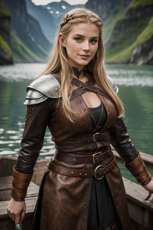 Jeune femme de 25 ans, visage fin, cheveux long, cheveux blonds, couronne de fer, yeux marrons, HD, 8K, masterpiece, sourire romantique, sexy, tenue viking, outfit made of leather and metal, dans un fjord, village viking, de nuit, Milky Way, tatouage viking