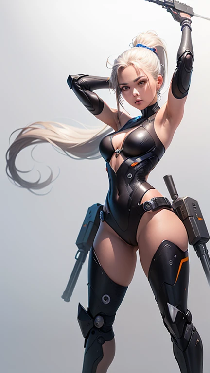 Simple Background, White Background,alone, (Simple Background, White Background:1.3),
masterpiece, highest quality, 1 girl, Science fiction, Warrior nation, mechanical, gun, Long hair double ponytail, arms up and together
game character design, Concept Design, shape, character, High detail,