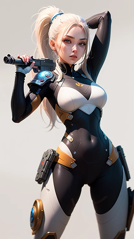 Simple Background, White Background,alone, (Simple Background, White Background:1.3),
masterpiece, highest quality, 1 girl, Science fiction, Warrior nation, mechanical, gun, Long hair double ponytail, arms up and together
game character design, Concept Design, shape, character, High detail,