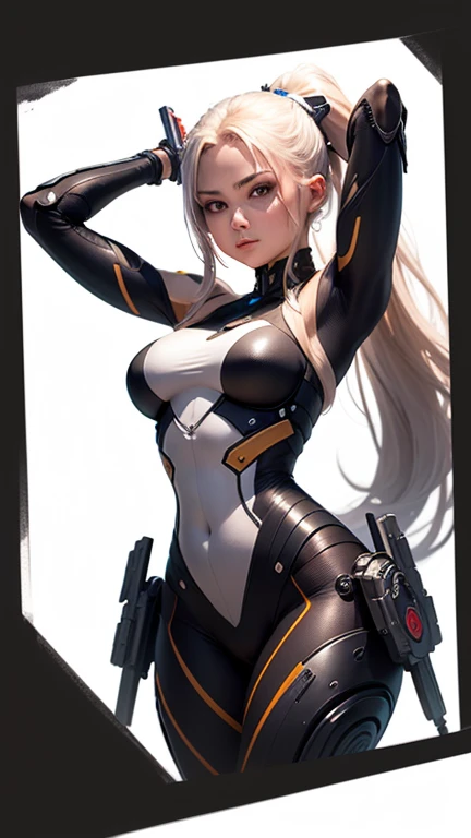 Simple Background, White Background,alone, (Simple Background, White Background:1.3),
masterpiece, highest quality, 1 girl, Science fiction, Warrior nation, mechanical, gun, Long hair double ponytail, arms up and together
game character design, Concept Design, shape, character, High detail,