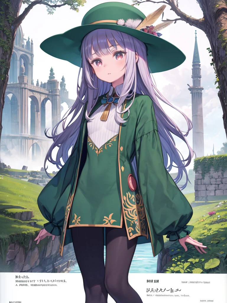 highest quality, (masterpiece:1.2), figure, Absurd, (One girl, alone), (Beautiful detailed girl),, Aeolian, Lilac hair, Long Hair, Red eyes, Medium chest,, Happy, Hilarious,, Green hat, Hats with feather ornaments, Green Dress, Green coat, (Fantasy:1.1) (Medieval:1.1) Costume, (black_pantyhose:1.1), White shirt, Brown shorts,  Magical Forest, Flowers, Fairy Rings, ancient ruins, Stone ruins, lake, null, cloud