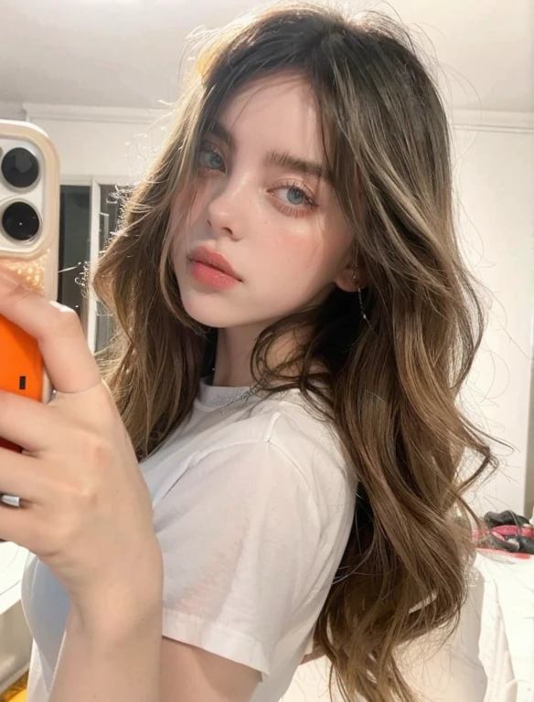 There is a woman with long hair sitting on a bed, , with pale skin, sem maquiagem, com cabelos longos, pale glowing skin, sem maquiagem cabelo ondulado, e olhos claros verdes