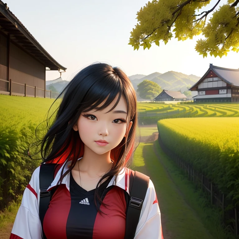 Asian woman in a plaid shirt standing in a field, Japanese Farmer, Portrait of a Japanese teenager, of a young Japanese girl, young asian girl, young and cute girl, countryside in japan, Cute Girl, Portrait of a Japanese girl, Chinese girl, young asian woman, of youthful Japanese beauty., Japanese countryside, In the countryside, black and red silk clothing, Sporty,a close up of a woman in a red shirt and black shorts, Wear a volleyball shirt.,  Red dress, Sporty, Cute sportswear, red and black, sexy outfit, Japanese model, Professional sports style, irelia, Black and Red only, Look sexy, red sports clothes, wearing shorts, red shirt, handsome style,Malaysian