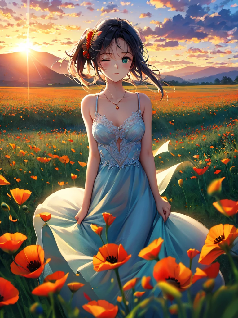 anime стиль, very good illustration, high detail, dynamic angle, excellent detail, 8K, summer day, Poppy field at sunset, sunset. BREAK Woman standing motionless, captivated by the beautiful scene, I&#39;m watching, how poppies bloom. very good illustration, high detail, dynamic angle, beautiful detail,2d, (Best quality, masterpiece, beauty, tenderness), anime, very detailed face, very detailed eyes, very detailed hands, very detailed hands, very detailed background, Ideal lighting, whole body, 1 girl, One, (Very detailed cat ears), (Very detailed ears behind the hair), very detailed eyes, The ears are covered with hair (masterpiece, top quality, Best quality, official art, Beautiful and aesthetically pleasing:1.2), (1 girl, mature:1.3, got old:1.3),