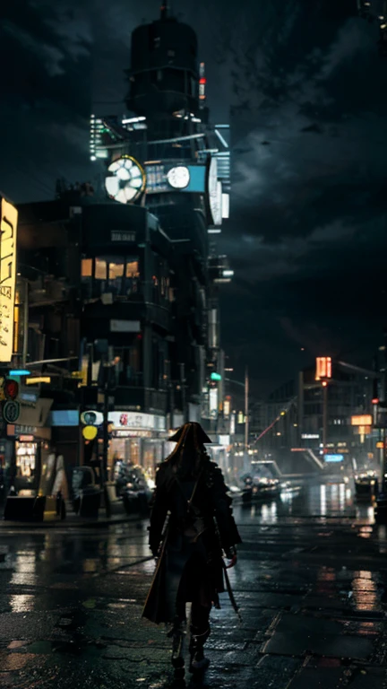 Hyper realistic 8k octane rendering, done in London, Blender and Photoshop, cinematic atmosphere, dynamic dramatic cinematic lighting, correct and accurate anatomy, aesthetics, digital illustration, high resolution, a highly detailed portrait. From Jack Sparrow pirate walking away in the futuristic city of London, in middle of the street , cinematic, rainy night, masterpiece, realistic, best quality, 8k, ultra detailed pirate clothes,  neon lights, city lights, night time, cloudy skies, ultraHD, rain drops, high detailed reflections , detailed face , cyberpunk, colorful light . colorful signs, neon city, futurist background, high quality futuristic neon signs, alone, cyberpunk city of london, psychedelic light, bright neos lights every where, flying futuristic cars, colorful, steampunk, detailed futuristic buiding, extremely futuristic buildings, floating neon signs, downtown.