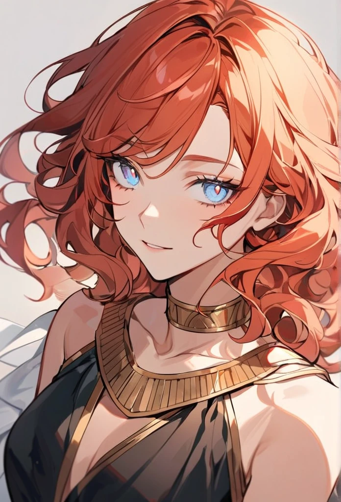 (high-quality, breathtaking),(expressive eyes, perfect face) 1girl, female, solo, young adult, ginger red color hair, tanned skin, pale light blue eye color, medium hair length, fluffy spiky hair, wavy curly hair, black dress with gold trim, tunic, Greek Goddess, Ancient Greek Dress, Greek Clothes, Symmetrical Eyes, portrait, halfbody, positive expression, elegant, mature, beautiful, soft smile, hair between eyes, SunsetHuman, collar, grey background