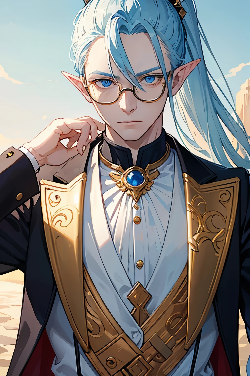 a man in his 30s, albino with blue Eyes, ((golden glasses)), blue overcoat, elf ears, ponytail hair, eletric powers, warlord
