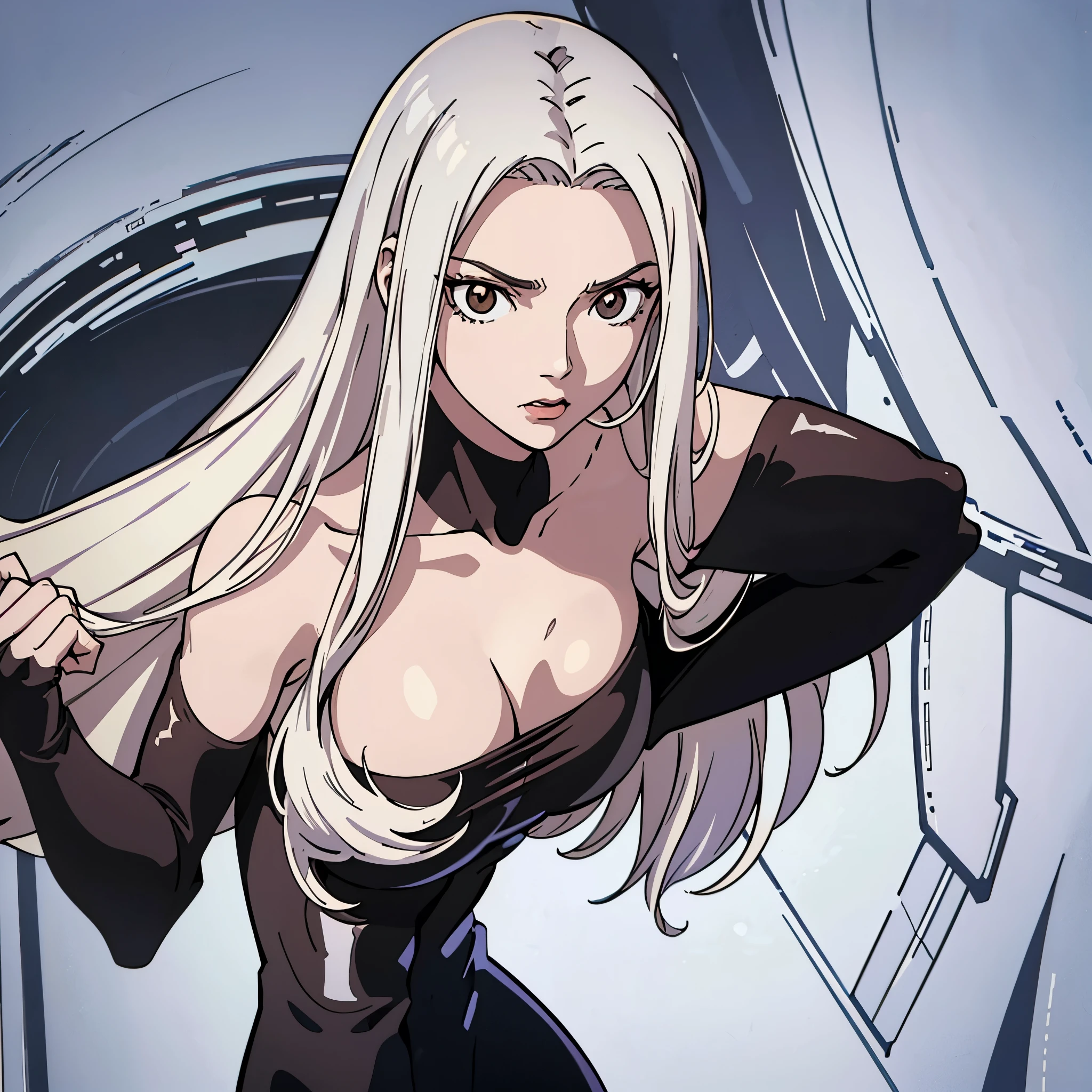 digital art drawing, illustration of (woman, long white hair mid part, brown eyes, sexy facial expression, black clothes, exposed breasts, topless, nude), anime drawing/art, bold linework, illustration, digital art, masterpiece, flat illustration, no shadows, 8k resolution, high detail, vector art, only anime, perfect eyes, perfect hands, perfect fingers, sharpness, high clarity, medium shot, high fidelity
