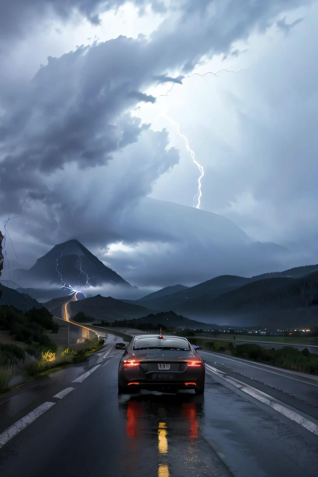 car driving down the road rain lightning