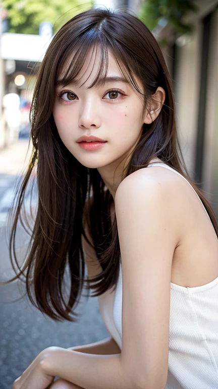 Los Angeles alleyway in the background、18-year-old girl、independent、look forward to、Light eye makeup、Brown Hair Color、flat 、Hair blowing in the wind、Quality of actress、Shiny, Ultra-realistic face、smileの表情、Watery eye、look up、Pleasant lighting effects、 Ultra-Realistic Capture、Very detailed、High resolution 16K human skin closeup。Skin texture must be natural、Must be so detailed that pores are visible、skin is healthy、There must be a unified tone、Use natural light and color、High quality photos taken by modeling agencies'Exclusive photographer、smile