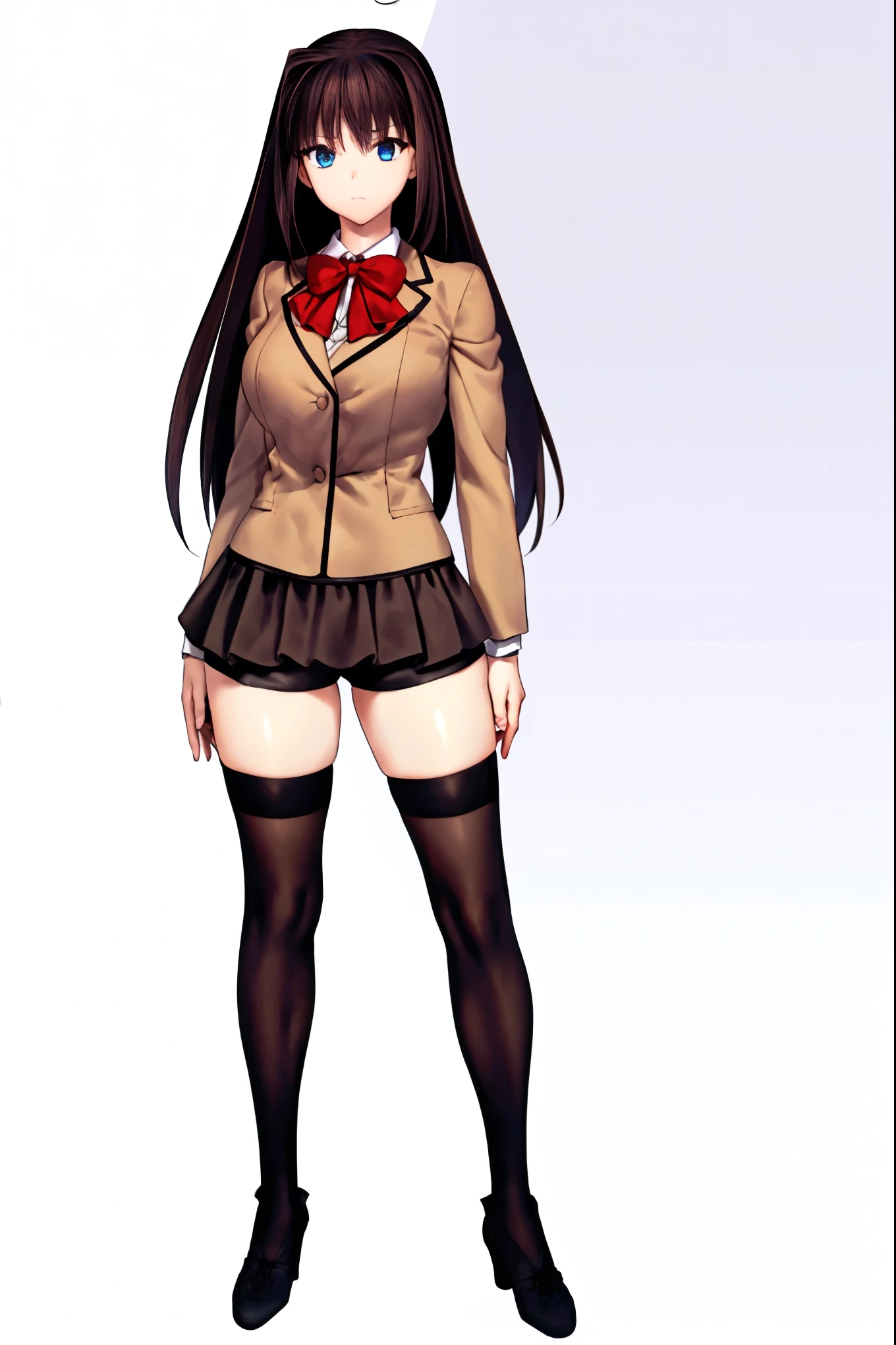 8k, highest quality, highest detail, AokoSchoolUniform, 1girl, solo, 2 legs, (chestnut-brown hair with slightly reddish undertone), perfect face, red bowtie, beige blazer, white shirt, (large breasts:0.7), nice hips, (Umber pleated-skirt:1.4), (black spandex shorts:1.4), (nice thighs:1.5), (symmetrical black thigh-high stockings:1.5), (brown Strap-Shoes), standing straight, ((Full body in frame including full shoes)), white-empty background, (((empty background:1.6)))