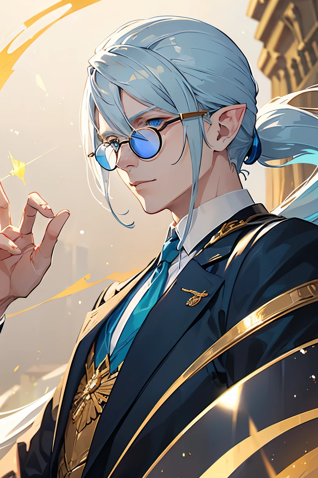 a man in his 30s, albino with blue Eyes, ((golden glasses)), blue overcoat, elf ears, ponytail hair, eletric powers, warlord