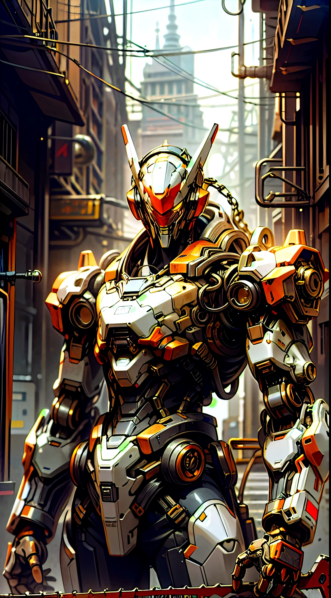 Dark_Fantasy,Cyberpunk,(chain saw,chain saw man,Red:1.1),1man,Mechanical marvel,Robotic presence,Cybernetic guardian, wearing a worn-out mech suit, intricate, (steel metal [rusty]), elegant, clear focus, shot by greg rutkowski, soft lighting, vibrant colors, masterpiece, ((street)), cowboy shot, dynamic pose,