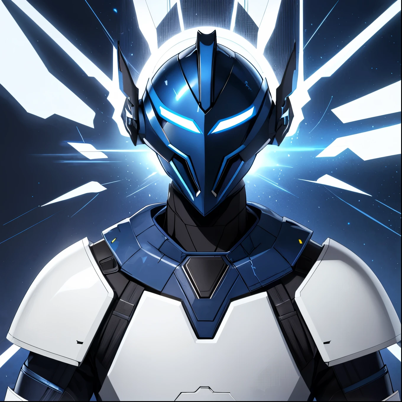 White man wearing dark blue futuristic armor wearing a helmet that covers his entire face and looking straight ahead