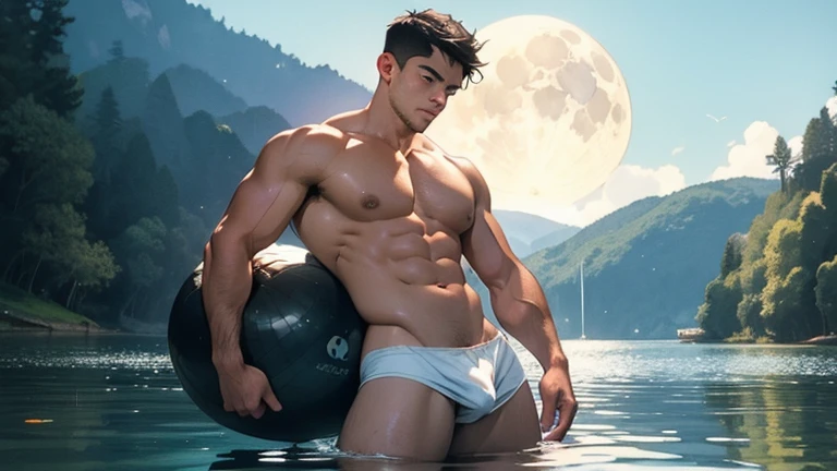 watercolor, a guy swims in a lake in the light of the moon, spreads the buttocks of a 17-year-old Brazilian boy, wearing tight slips with a large protruding convex codpiece. Muscular, with round, firm, perfect buttocks, Aesthetic, erotic, beautiful, in the style of Caravaggio