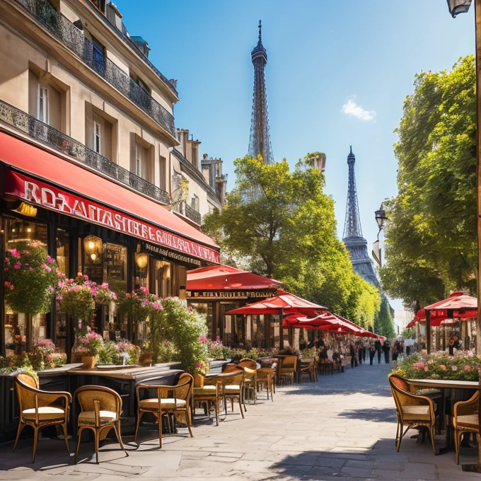 high quality,Realistic photoasterpiece, Vibrant street artists, French bakery offering fresh croissants, Stylish Parisian fashion, Beautiful boat cruise on the river, An elegant Parisian landmark, Breathtaking city views, Vibrant street market, Portrait painter, Narrow streets full of history and charm, The Magnificence of Notre Dame Cathedral, Street performer playing the accordion, Lively conversation at a local brasserie, Stylish Parisian architecture, An elegant bridge over the Seine, A spectacular display of macarons at a patisserie, The rich aroma of freshly brewed coffee, Vintage merry-go-round in the park, Sculptures and art installations in public spaces, A charming bookstore where you can enjoy books and coffee, View of an artist and his easel from Montmartre, Romantic sunset picnic by the river, The vibrant atmosphere of the Champs-Élysées, Cozy corner cafe with vibrant outdoor seating. (最high quality, High resolution, Very detailed), (Realistic, photoRealistic:1.37), Vibrant colors, Bright summer morning,Sparkling natural light.