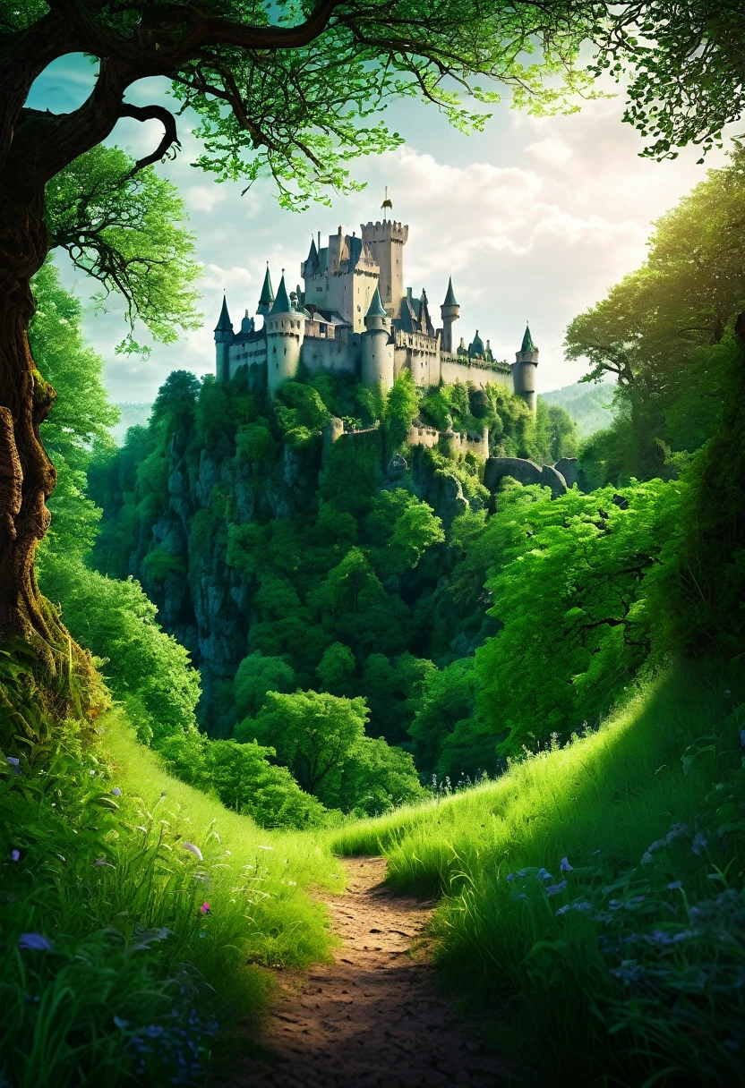 Full HD landscape of fantastic nature like an enchanted forest with a medieval castle in the center