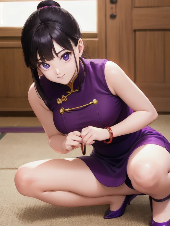 Obra maestra, mejor calidad, Of the highest quality, perfect anatomy, cara perfecta, ojos perfectos,
1 chica, dbzch1ch1, cerraduras laterales, golpes, single Bun, Bun, (ojos negros), envoltura de pashmina naranja, pendientes esfera roja , pulseras rojas, cheongsam morado, pose sexy, piernas sexys