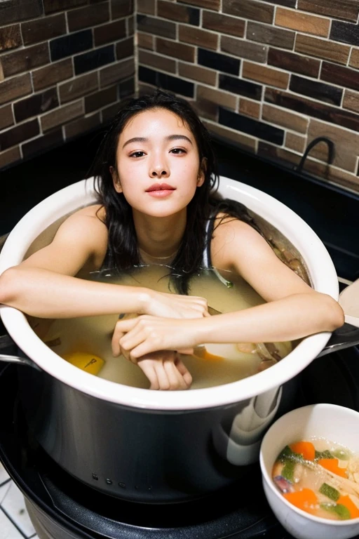 Girl being cooked in a cauldron full of soup