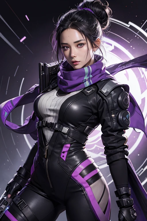Wraith from Apex Legends,a girl between 25 and 30 years old, black hair, bun on top of her head, white eyes without pupils, long scarf around her neck, purple energy portal behind her, black cyberpunk clothes and black scarf, full body, dynamic pose, holding a rifle in the right hand