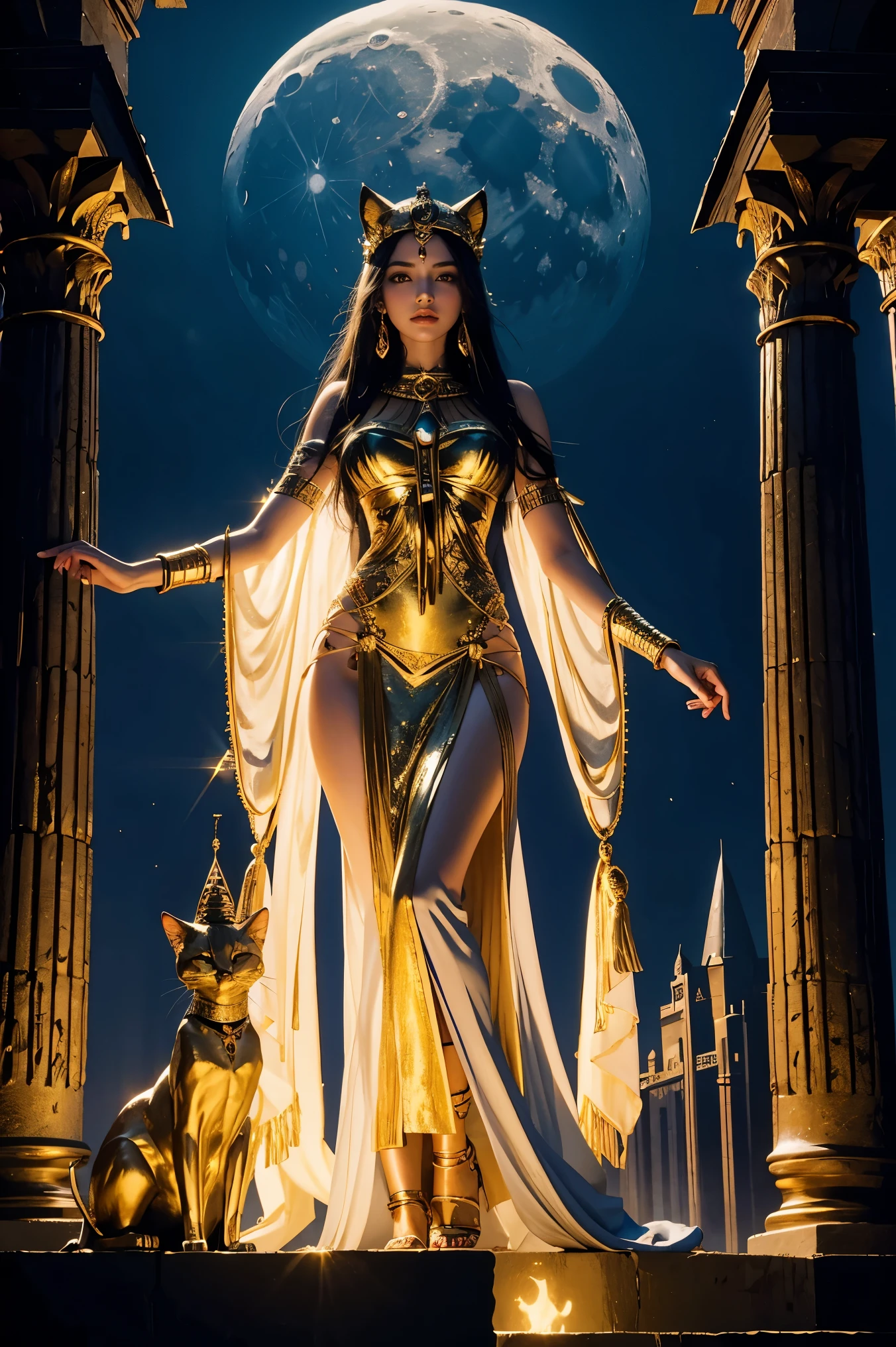 Moonlit Majesty: An Egyptian goddess stands tall at the base of a towering pyramid, her elegant cat ears glinting in the silver glow of the moon casting its gentle beam on the Nile River's tranquil flow. Her golden headdress and flowing blue and gold robes shimmer beneath the soft light as she surveys the ancient structures, surrounded by an aura of mystique.