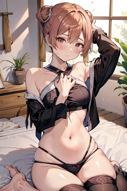 Genshin Wanderer,Genshin Wanderer,blush shy,The whole body is wet,Pick up clothes with hands,Leaking the body between his belly,sitting on bed,His