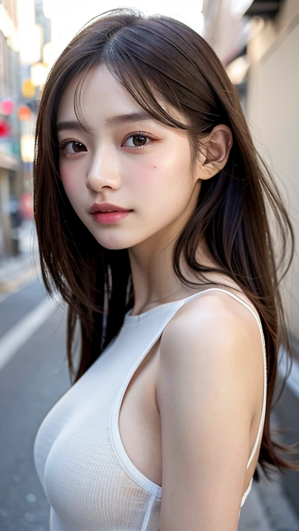 Los Angeles alleyway in the background、18-year-old girl、independent、look forward to、Light eye makeup、Brown Hair Color、flat 、Hair blowing in the wind、Quality of actress、Shiny, Ultra-realistic face、smileの表情、Watery eye、look up、Pleasant lighting effects、 Ultra-Realistic Capture、Very detailed、High resolution 16K human skin closeup。Skin texture must be natural、Must be so detailed that pores are visible、skin is healthy、There must be a unified tone、Use natural light and color、High quality photos taken by modeling agencies'Exclusive photographer、smile