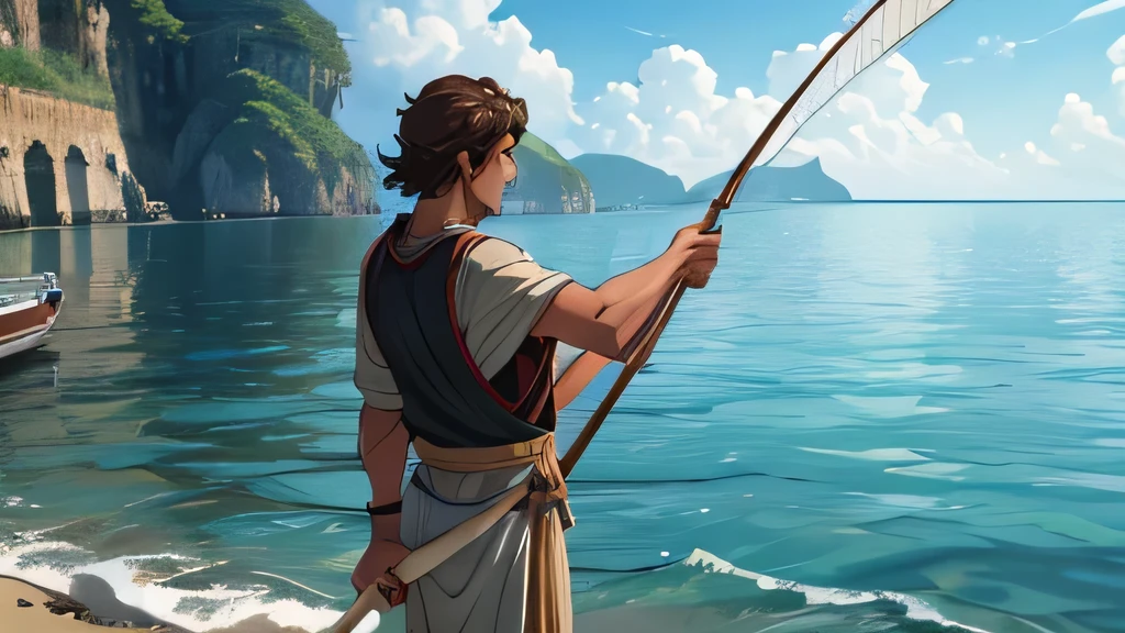 Man fishing with a cast net that you have caught some fish in the sea, men in ancient brown Greek clothing from the 1st century BC, ultra realistic anime drawing style. in the middle of the sea