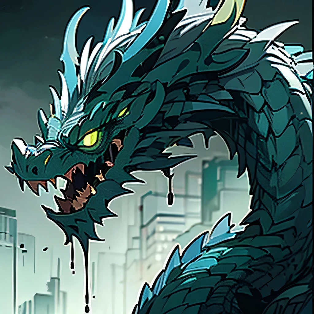 A terrifying black dragon covered in spikes, dripping acid from its mouth. Glowing green eyes, toothy snarl