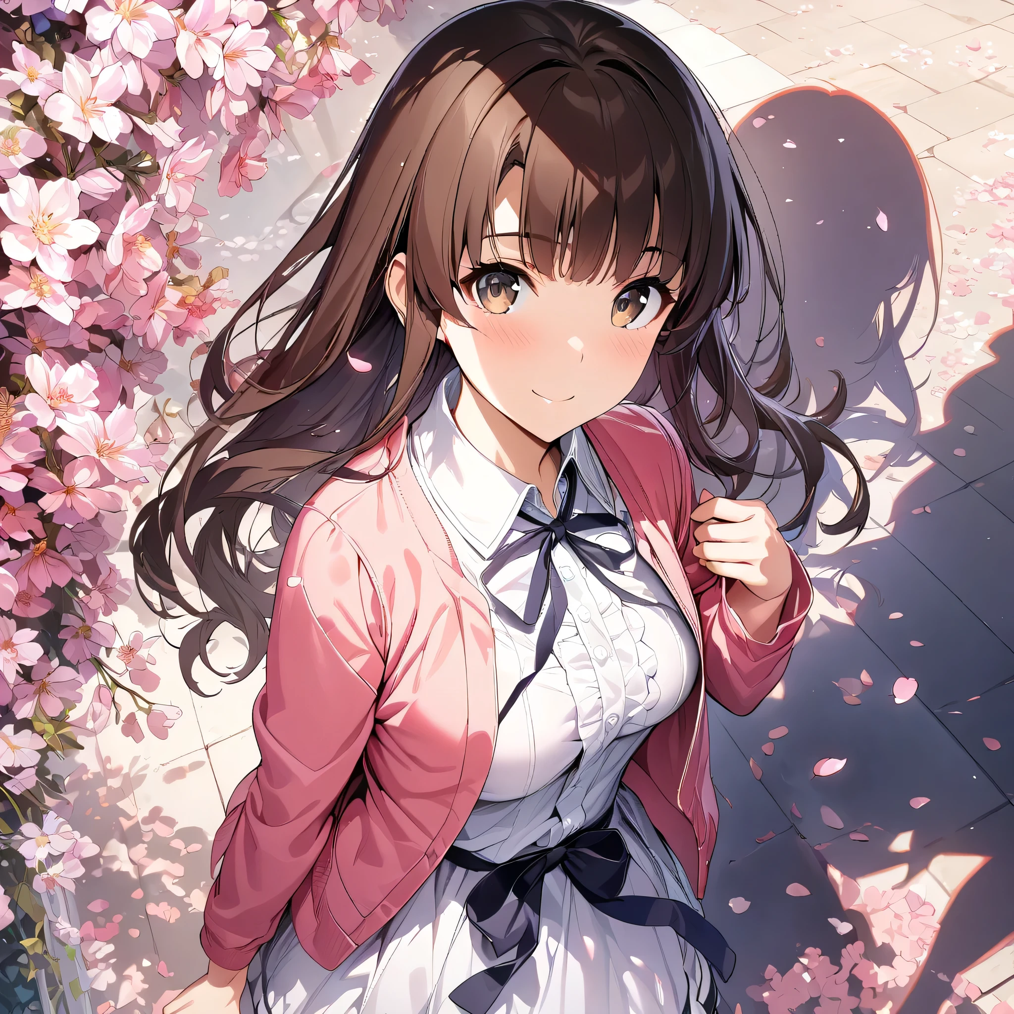 (masterpiece),(best quality),(ultra-detailed),(best illustration),(best shadow),(absurdres),(detailed background),(very aesthetic), megumi katou, 1girl, solo, brown hair, smile, flower, brown eyes, looking at viewer, bangs, sleeveless, jacket, long hair, pink jacket, ribbon, petals, dress 