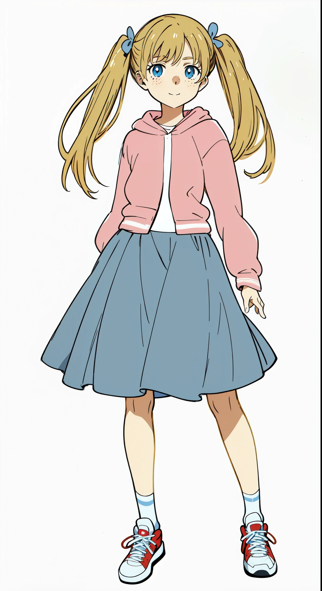 (best quality:1.0), (masterpiece:1.0), (super fine illustration:1.0), (beautiful artwork:1.0), (anime screencap:1.0), (official art:1.0), (european:1.0), (cheerful:1.0), (white background:1.0), (best quality:1.0), (masterpiece:1.0), (super fine illustration:1.0), (beautiful artwork:1.0), (anime screencap:1.0), (official art:1.0), (solo:1.0), (european:1.0), (a 15yo cute girl:1.0), (long skirt:1.0), (light blue skirt:1.0), (flare skirt:1.0), (pink long sleeve hoodie:1.0), (white t-shirt:1.0), (sneakers:1.0), (white socks:1.0), (ideal ratio body proportions:1.0), (lanky:1.0), (tall:1.0), (slender:1.0), (small breasts:1.0), (smaller face:1.0), (tareme:1.0), (freckles:1.0), (detailed beautiful eyes:1.0), (detailed beautiful face:1.0), (glowing blue eyes:1.0), (long hair:1.0), (twin tails:1.0), (swept bangs:1.0), (blonde hair:1.0), (standing:1.0), (looking at viewer:1.0)